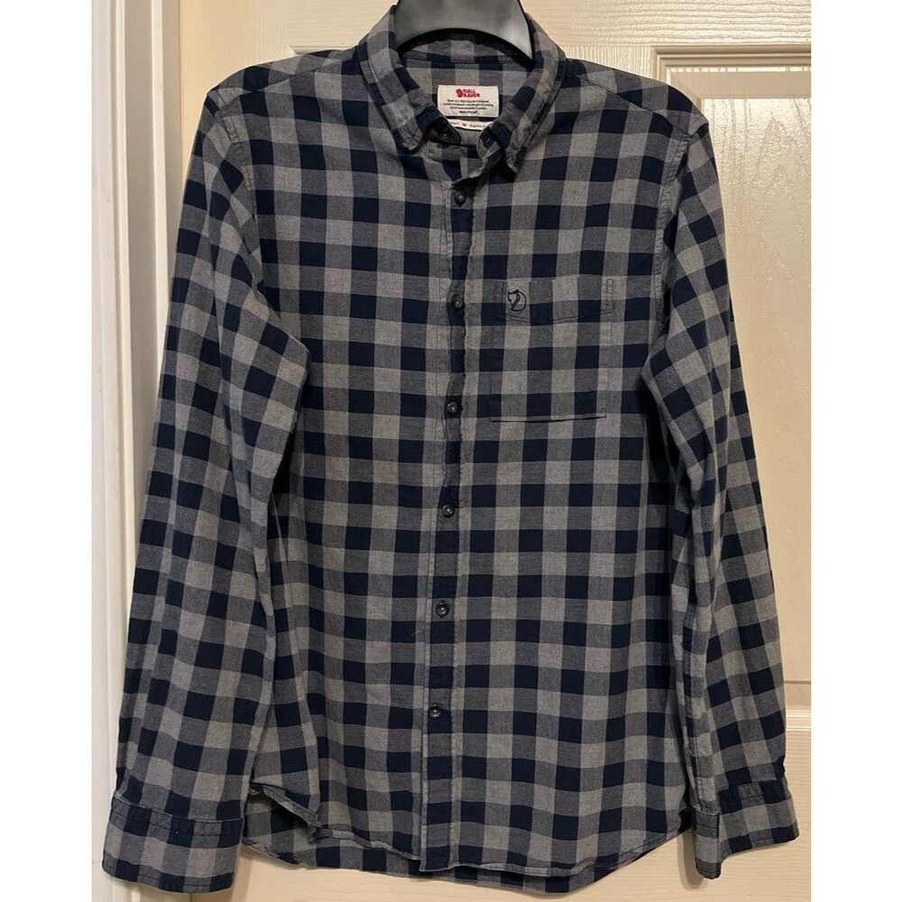 Fjallraven Ovik Check Shirt LS Mens Medium M Blue Grey Plaid Cotton Hiking